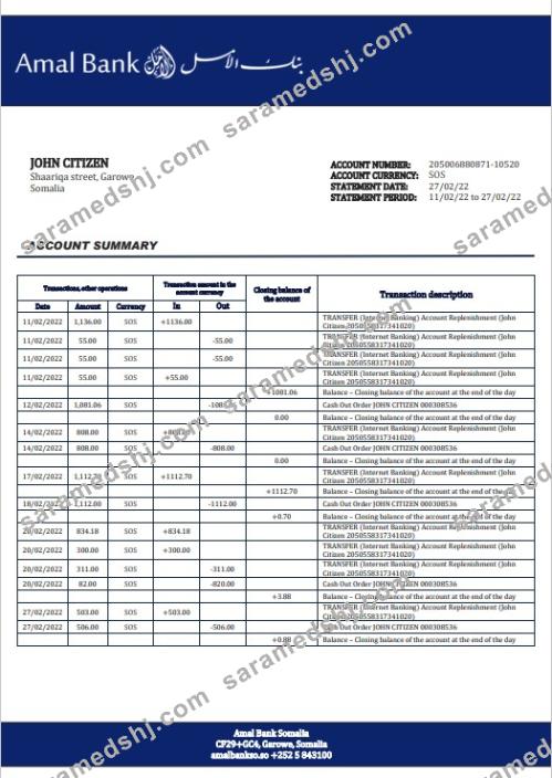 Somalia Amal bank statement template in Word and PDF format